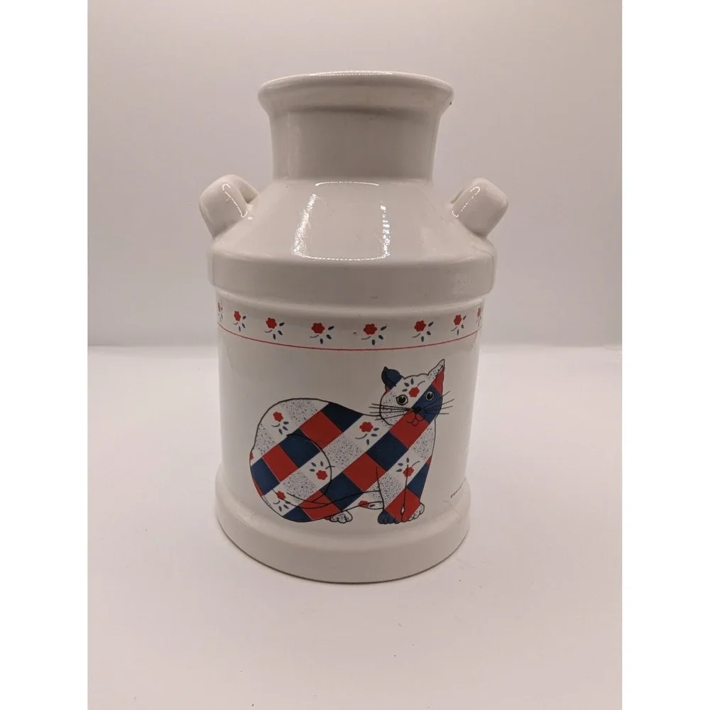 M Kamenstein Ceramic Milk Can‎ Calico Cat Crock Patchwork Vase VTG 83